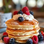 "Homemade cottage cheese pancakes topped with fresh berries, syrup, and a dollop of whipped cream, captured using a Samsung Galaxy S24 Ultra."