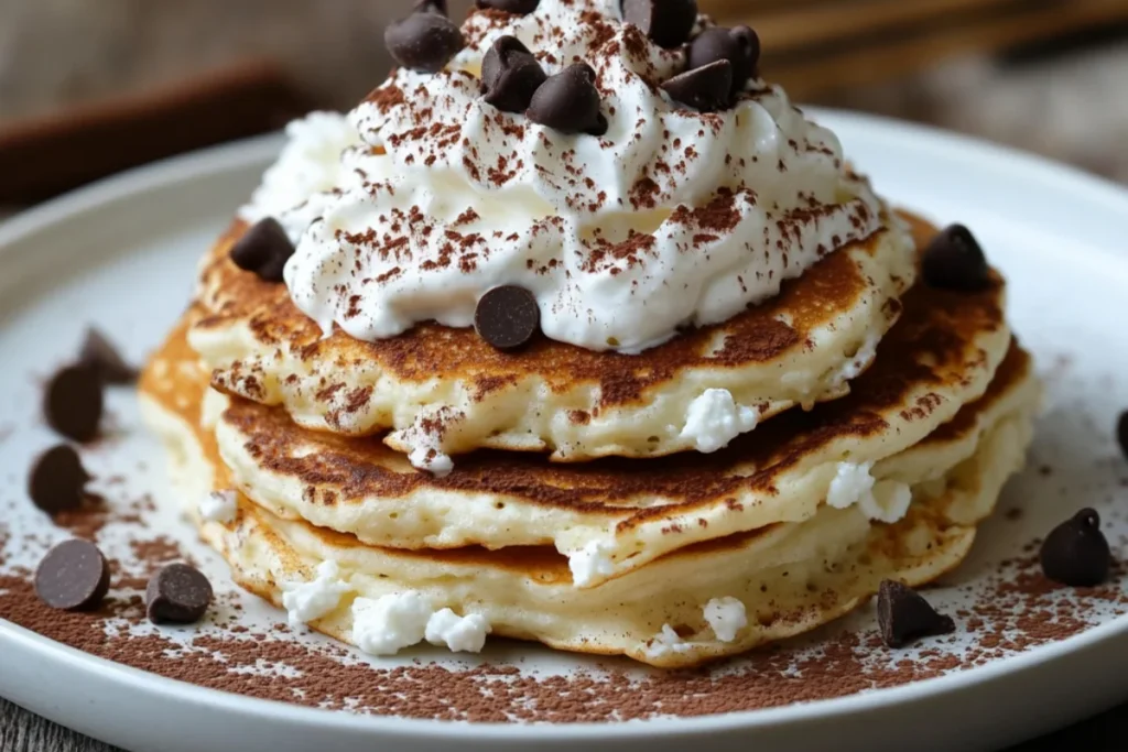 "Stack of cottage cheese pancakes topped with whipped cream and chocolate chips, sprinkled with cocoa powder for a decadent, dessert-like breakfast treat."