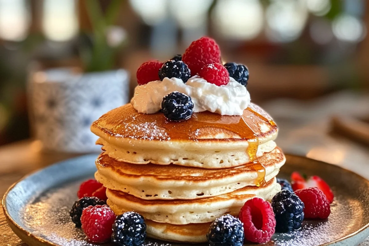 "Homemade cottage cheese pancakes topped with fresh berries, syrup, and a dollop of whipped cream, captured using a Samsung Galaxy S24 Ultra."