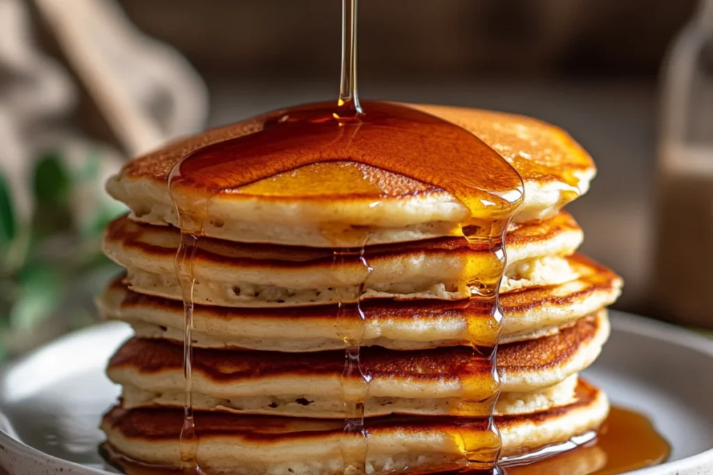 "Stack of golden-brown cottage cheese pancakes drizzled with warm maple syrup on a white plate, highlighting the natural sweetness and tangy flavor pairing."