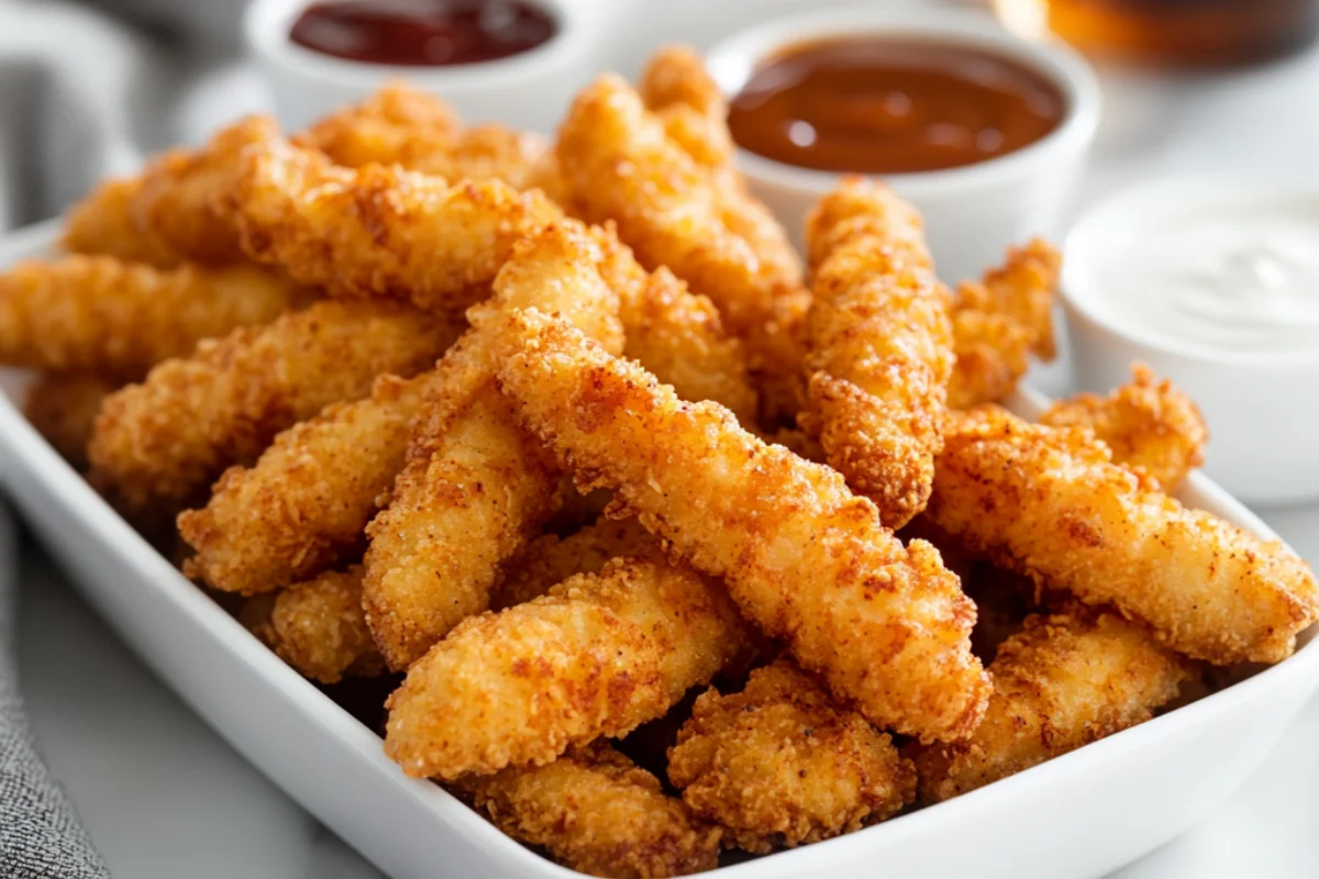 Front view of crispy chicken fries served in a white dish, golden and neatly arranged, with dipping bowls of ranch, barbecue, and honey mustard sauce, set on a clean table with a napkin and a glass of iced tea in the background.