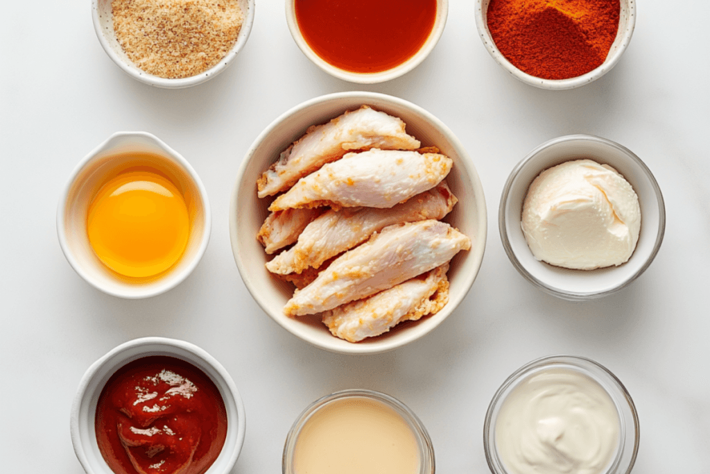 Front view of ingredients for crispy chicken fries, each in a separate bowl on a clean white countertop: raw chicken strips, seasoned bread crumbs, all-purpose flour, whisked eggs, spices (paprika, garlic powder, salt), and dipping sauces (ranch, barbecue, honey mustard), arranged neatly in a minimalist workspace.