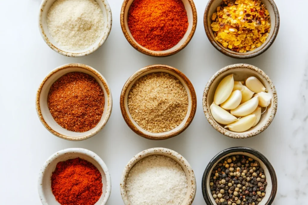 Front view of common seasonings for crispy chicken fries, each displayed in a small bowl on a clean white countertop: vibrant paprika, garlic powder, onion powder, black pepper, and cayenne pepper, neatly arranged in a minimalist and organized setting.