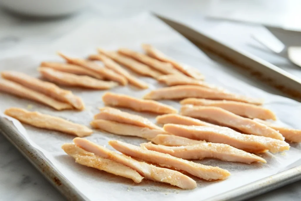 Chicken being cut into thin, fry-sized strips on a wooden cutting board, with a sharp knife placed next to the evenly sliced pieces, set on a clean, well-lit kitchen counter.