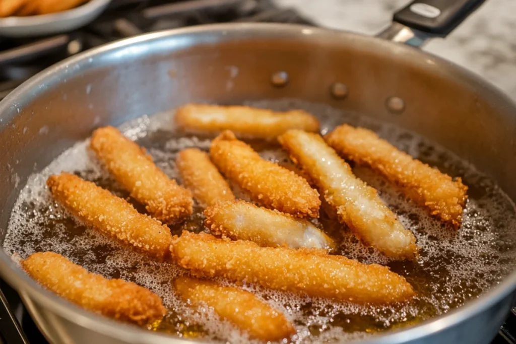 Breaded chicken fries deep-frying in a pot of bubbling oil, turning golden brown, with a plate lined with paper towels and a slotted spoon on the countertop in a clean, well-lit kitchen.