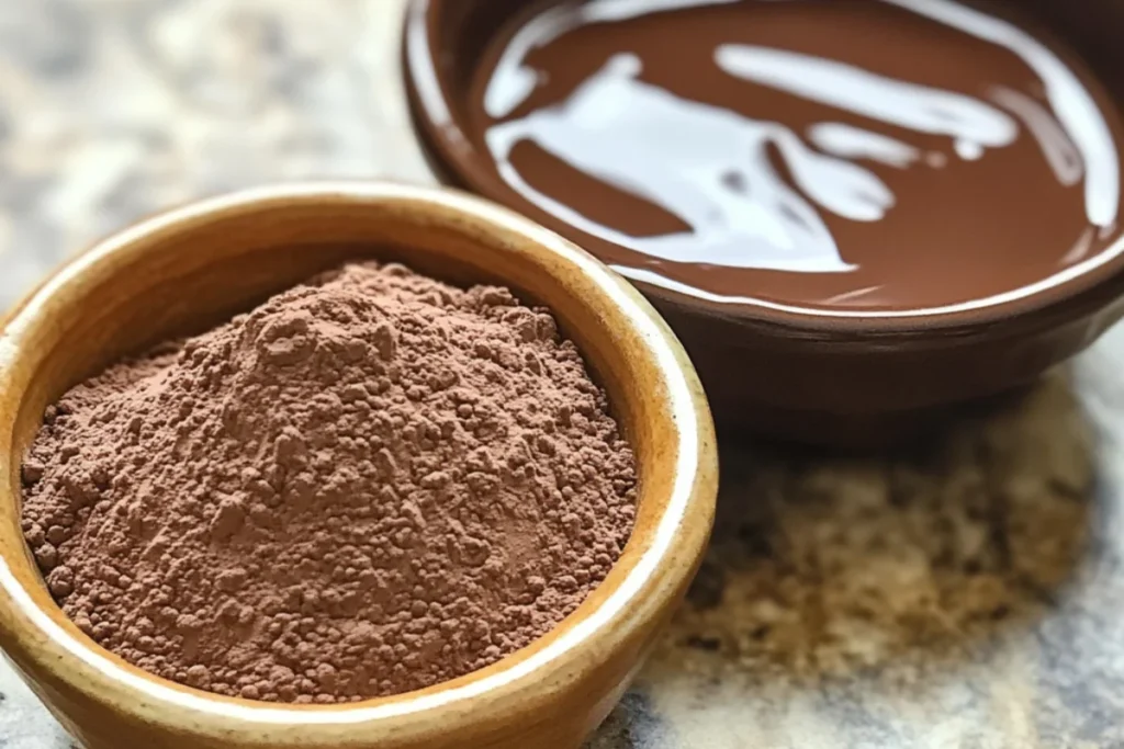 Close-up of cocoa powder in a small bowl and melted chocolate in a separate bowl on a wooden countertop, with soft natural lighting and a blurred background for a warm, homemade feel.
