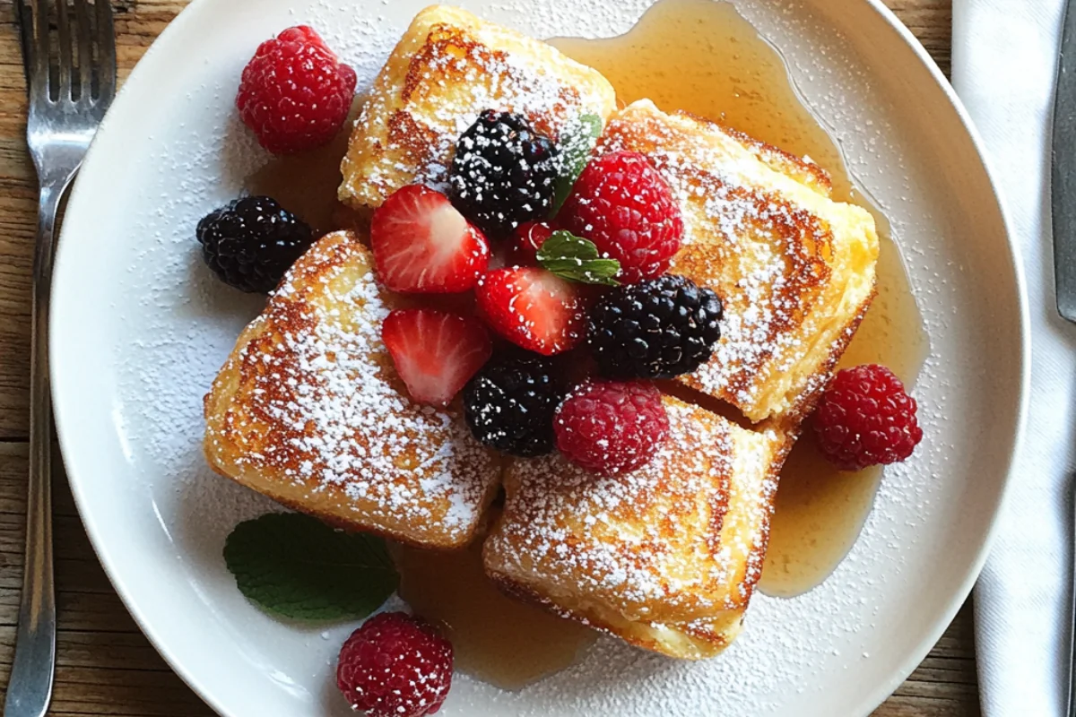 A plate of golden-brown brioche French toast topped with fresh berries, powdered sugar, and a drizzle of maple syrup. Perfect homemade breakfast, showing why brioche is the best choice for French toast.