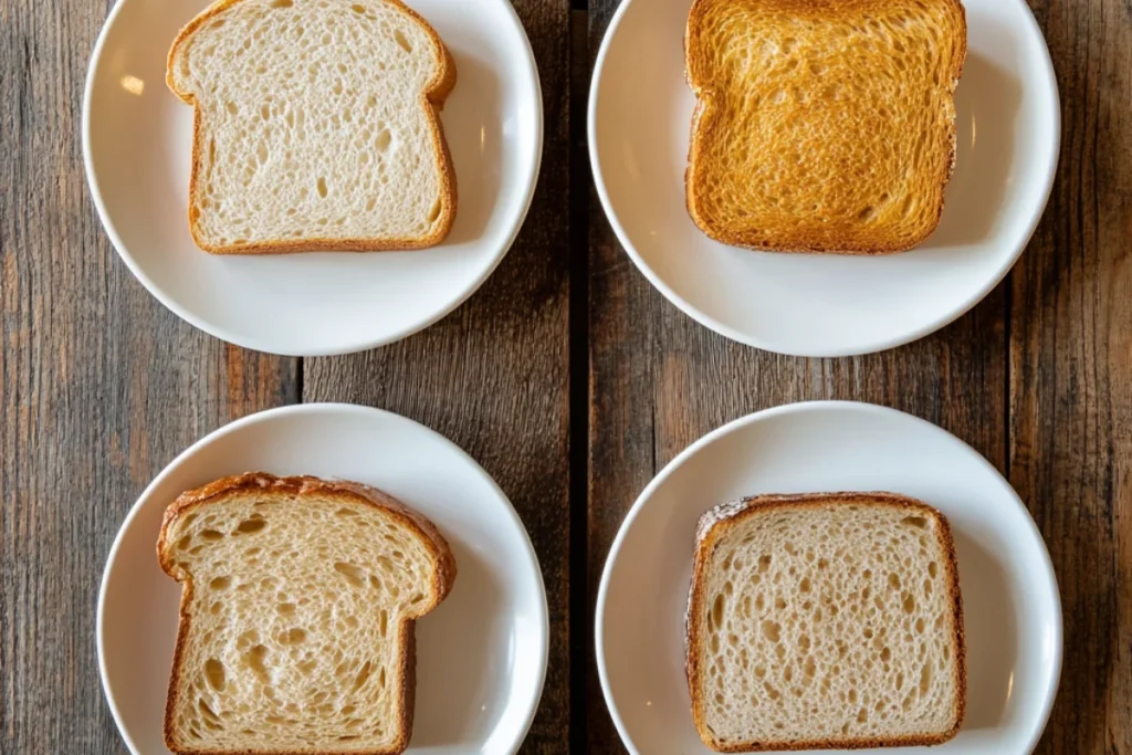 "Challah, Sourdough, Baguette, and Texas Toast slices on separate plates, each labeled to compare different breads for French toast."