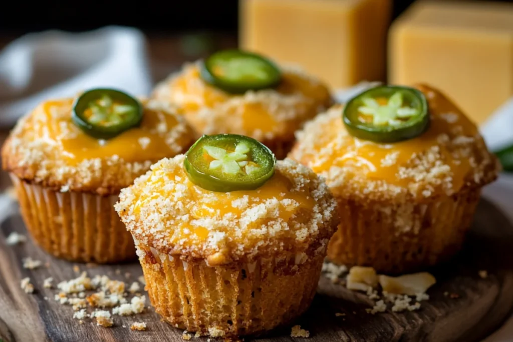 Golden brown cheddar and jalapeño muffins on a rustic wooden platter, topped with melted cheddar cheese and sliced jalapeños, with crumbs and shredded cheese scattered around for a homemade touch.