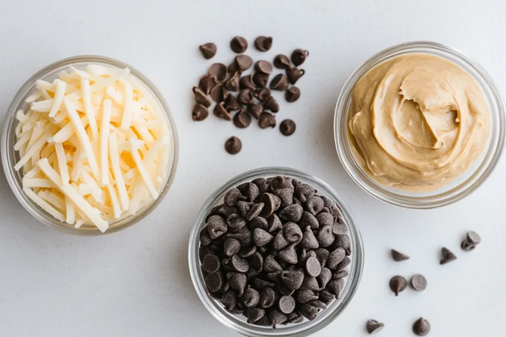 Three bowls on a clean white countertop: one with shredded cheese, one with chocolate chips, and one with creamy nut butter, neatly arranged with soft light highlighting their textures for a simple and organized presentation.