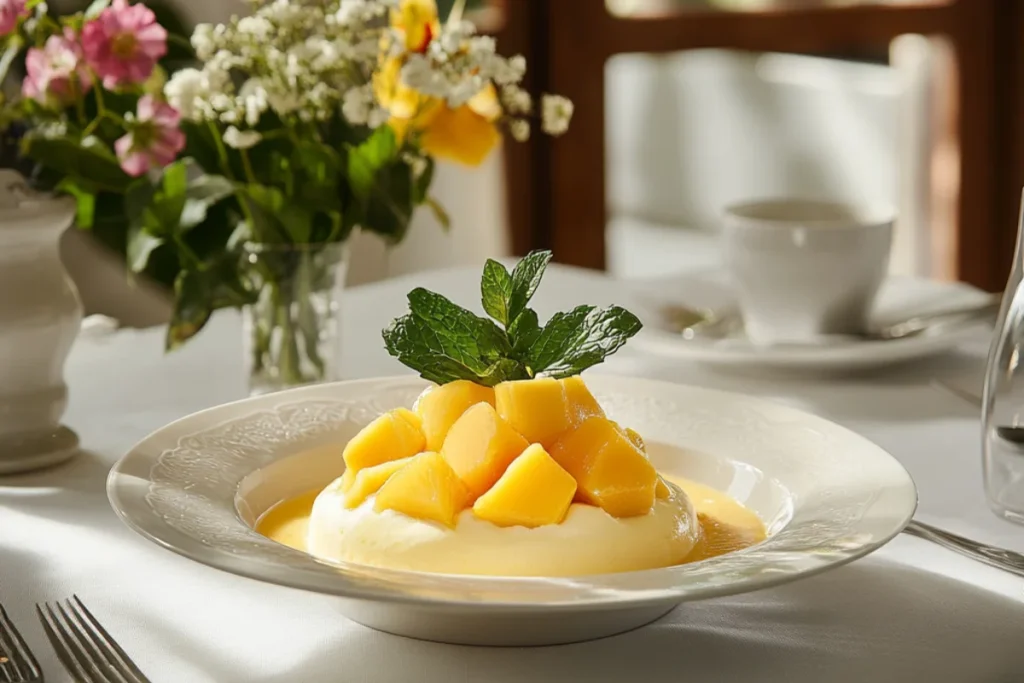 Elegant mango dessert served in a stylish dish, garnished with fresh mango slices and mint leaves, on a beautifully set table with a white linen tablecloth.