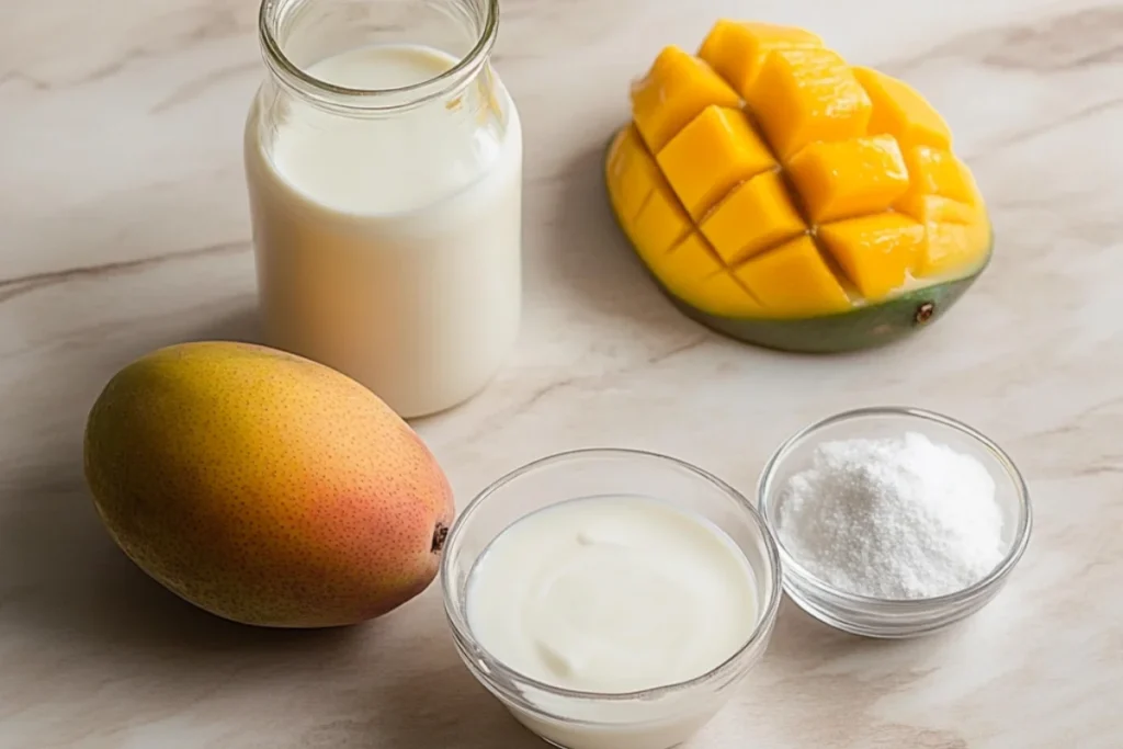 Ingredients for creamy mango pudding arranged on a clean workspace: two ripe mangos (one sliced), a glass jug of milk, a bowl of heavy cream, a dish of sugar, and a packet of unflavored gelatin.