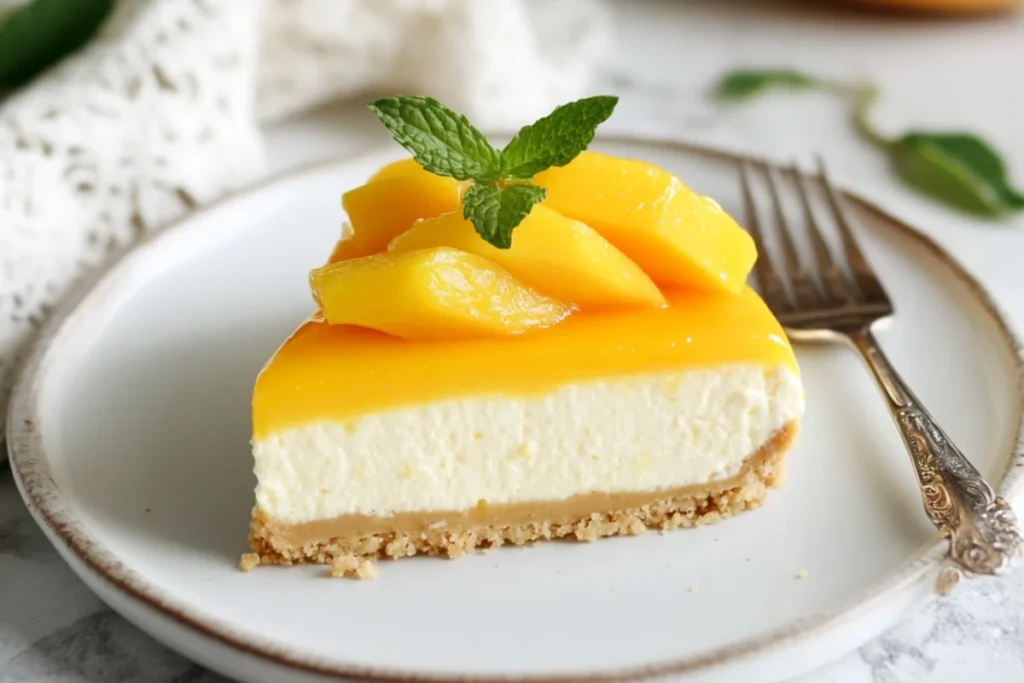 No-bake mango cheesecake with a smooth mango topping, garnished with fresh mango slices and a mint sprig, served on a white plate with a graham cracker crust.