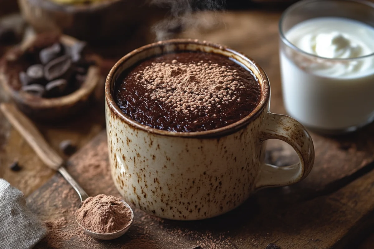 Realistic image of a moist protein mug cake on a wooden table, surrounded by protein powder, almond milk, and cocoa powder, with warm natural lighting.