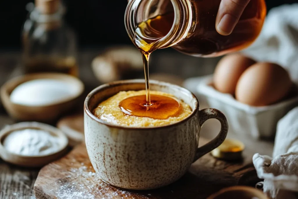 "Hands pouring golden maple syrup into a ceramic mug filled with cake batter, surrounded by eggs, flour, and sugar-free syrup options on a rustic wooden countertop, with a freshly baked mug cake in the background."