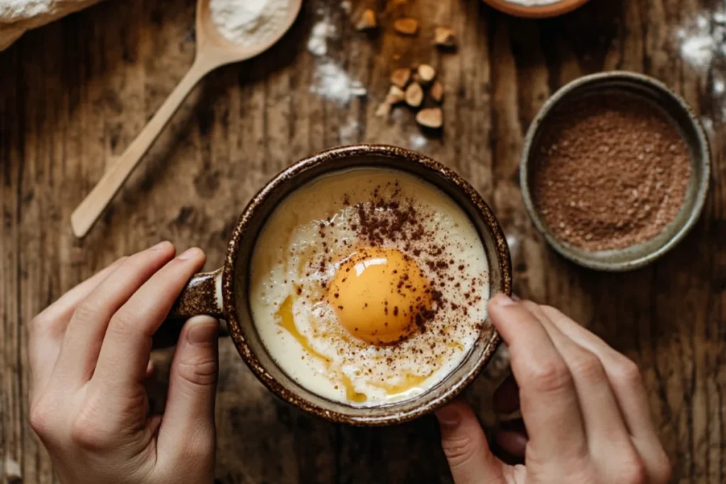 "Hands cracking an egg into a ceramic mug filled with cake batter, with a flaxseed mixture as an egg substitute nearby, surrounded by flour, sugar-free syrup, and measuring spoons on a rustic wooden countertop, with a freshly baked mug cake in the background."