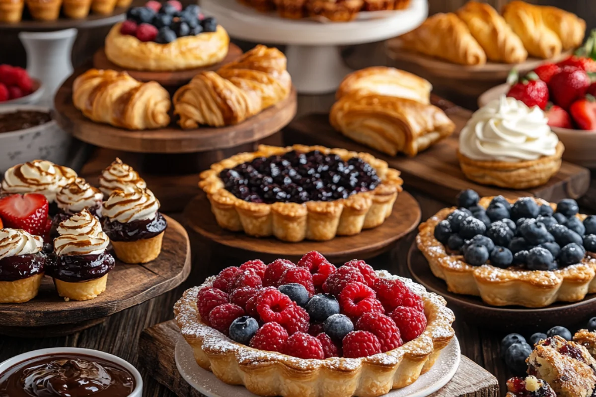 A selection of puff pastry desserts on a white table, including golden-brown fruit tarts with fresh berries, flaky chocolate croissants, and powdered sugar-dusted turnovers, displayed on elegant pastel ceramic dishes, with small bowls of whipped cream, fresh fruit, and chocolate drizzle, in soft natural lighting.