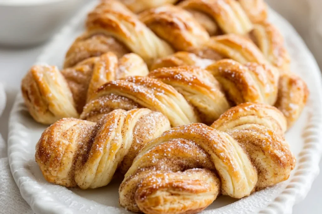 Golden and flaky Puff Pastry Cinnamon Twists arranged on a white serving platter, dusted with cinnamon sugar, with a bowl of powdered sugar glaze on the side, set on a clean white table in soft natural lighting.