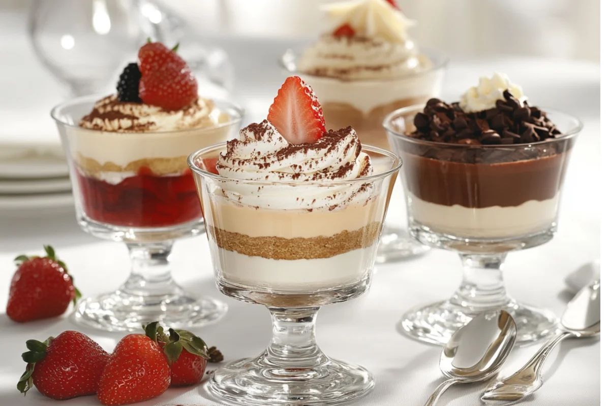 Dessert cups on a white table, featuring tiramisu, strawberry cheesecake, and chocolate mousse, with soft natural lighting and scattered ingredients.