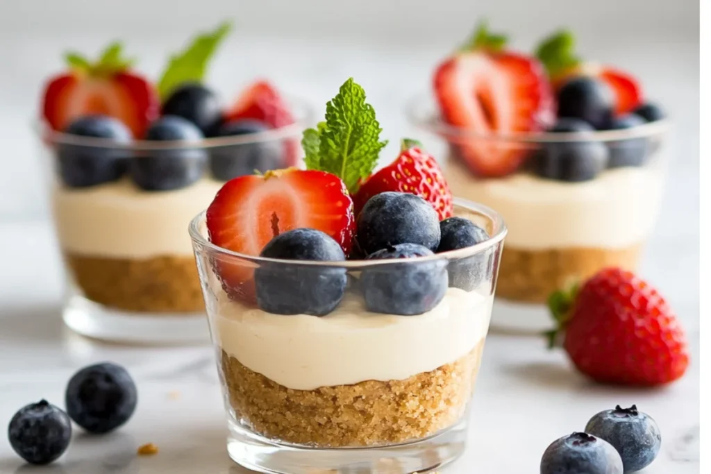 No-bake cheesecake cups with a graham cracker crust, creamy cheesecake filling, fresh strawberry slices, blueberries, and mint garnish, placed on a white marble table with scattered crumbs and berries in soft natural light.
