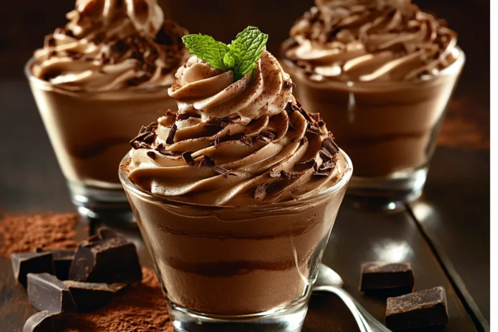 Classic chocolate mousse cups in clear glasses, topped with whipped cream, chocolate shavings, and a mint leaf, placed on a dark wooden table with scattered cocoa powder and chocolate chunks.