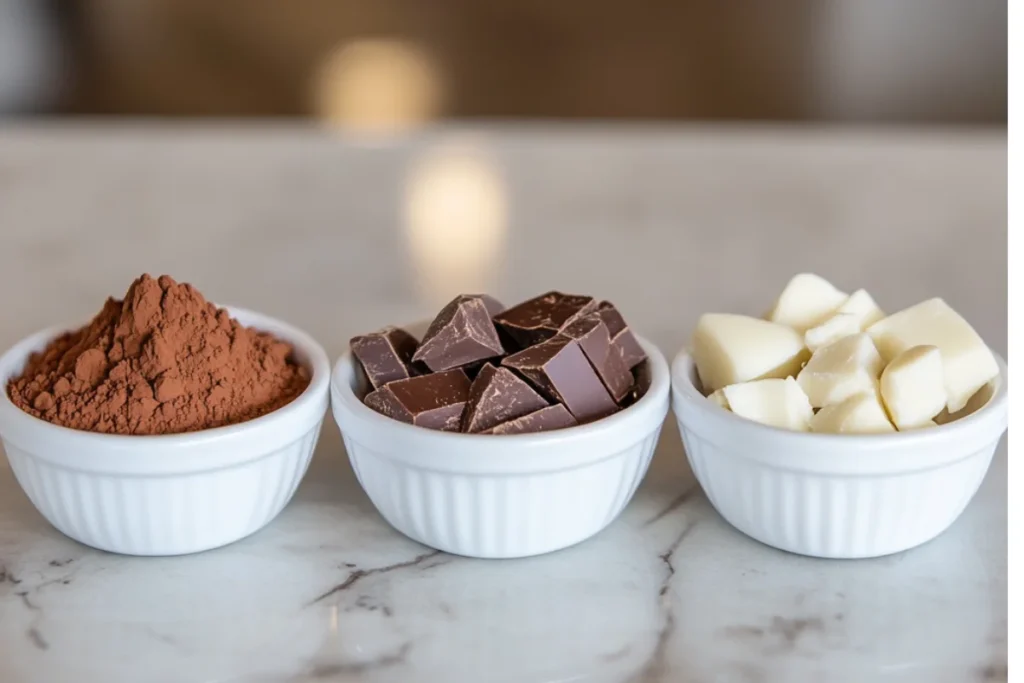 Three white dishes side by side, featuring cocoa powder, chunks of semi-sweet chocolate, and pieces of milk or white chocolate, set on a clean kitchen countertop with warm natural lighting.