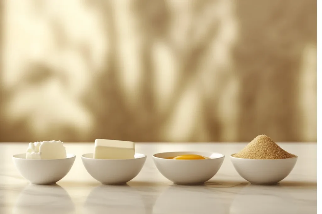 Five white dishes arranged on a clean kitchen countertop, featuring creamy buttermilk, a square of unsalted butter, a cracked egg with visible yolk, packed brown sugar, and a small pool of amber vanilla extract, highlighted by warm natural lighting.