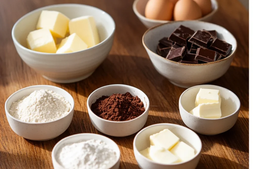 Small bowls on a wooden countertop, each holding a key cake ingredient: chopped sweet baking chocolate, all-purpose flour, granulated sugar, unsalted butter, cracked eggs, buttermilk, and vanilla extract. Soft lighting highlights the textures and colors of each ingredient.
