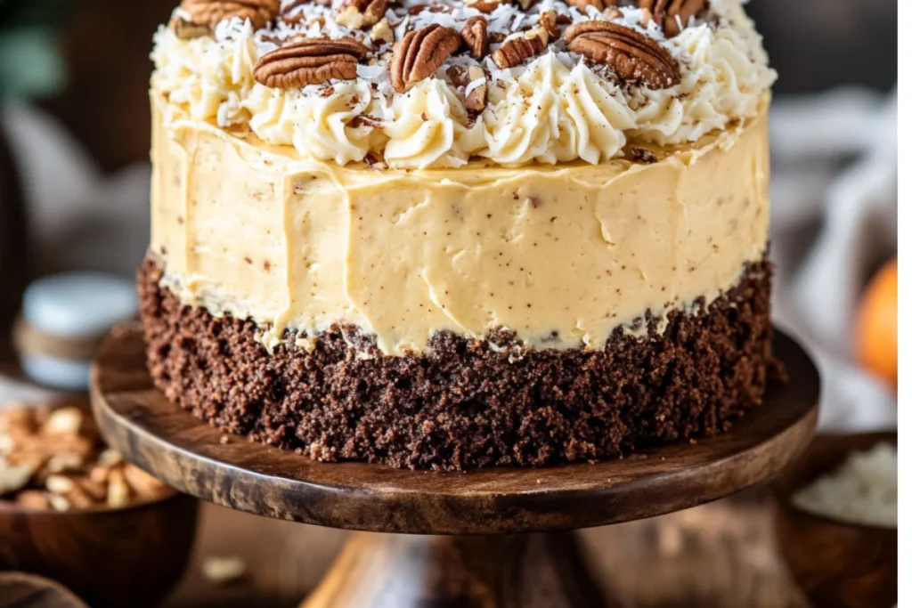 A Pumpkin Spice German Chocolate Cake on a rustic cake stand, with moist chocolate layers infused with pumpkin spice, topped and filled with caramelized coconut-pecan frosting. Garnished with toasted coconut, chopped pecans, and a dusting of cinnamon, surrounded by small bowls of spices and pecans on a wooden table.