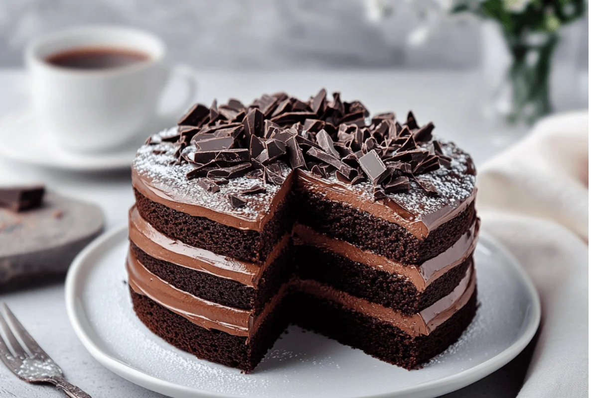 "Triple chocolate cake served on a white dish, topped with chocolate shavings and powdered sugar, placed on a beautifully set table with a linen napkin, a coffee cup, and a small vase of fresh flowers in the background."