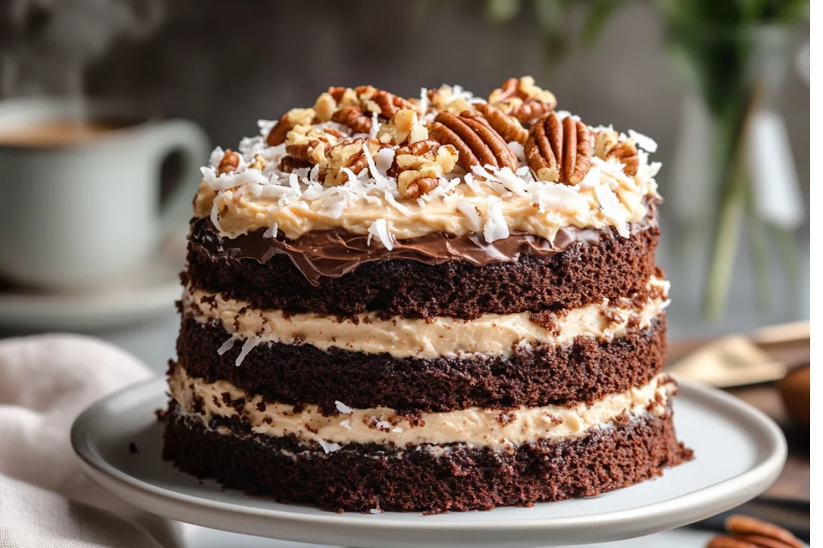 German chocolate cake with coconut-pecan frosting, served on a white dish with toasted coconut and pecans, placed on a beautifully set table with a linen napkin, coffee cup, and flowers in the background.