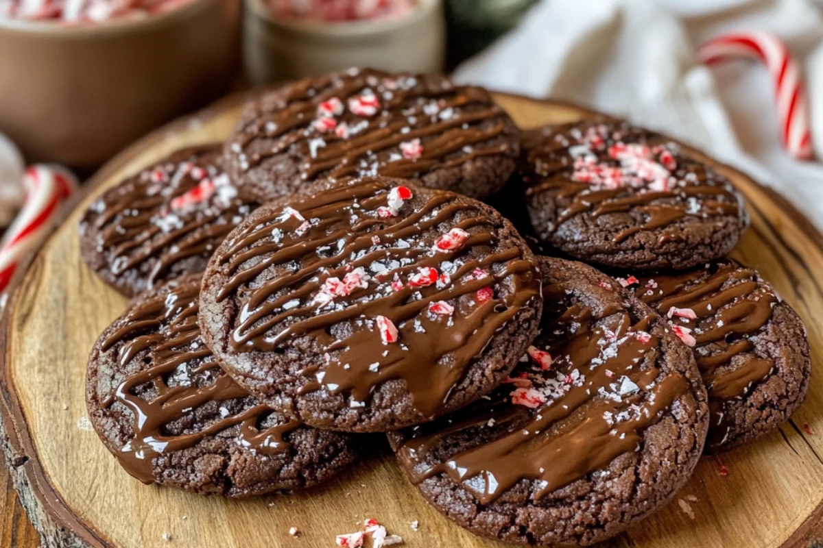 Homemade chocolate peppermint cookies with a rich, dark color, drizzled with chocolate and topped with crushed peppermint, set on a rustic plate with a cozy background.