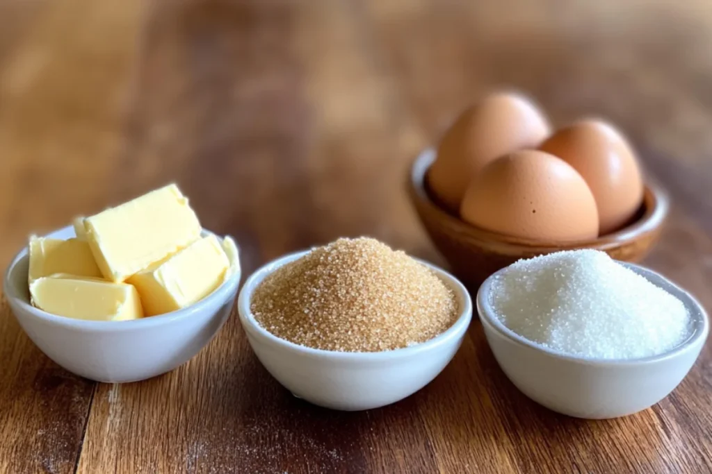 Close-up of softened unsalted butter, granulated sugar & brown sugar, eggs, and vanilla extract in small bowls on a wooden countertop, with soft natural lighting and a blurred background for a warm, homemade feel.
