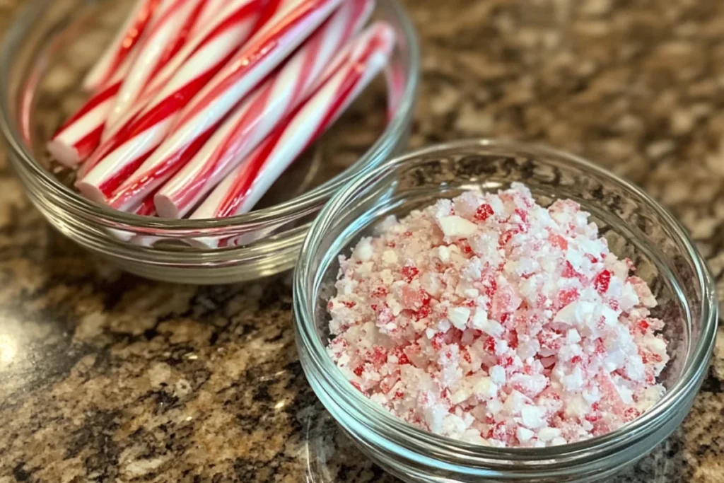 Close-up of peppermint extract in a small glass bowl and crushed candy canes in a separate bowl on a wooden countertop, with soft natural lighting and a blurred background for a warm, homemade feel.
