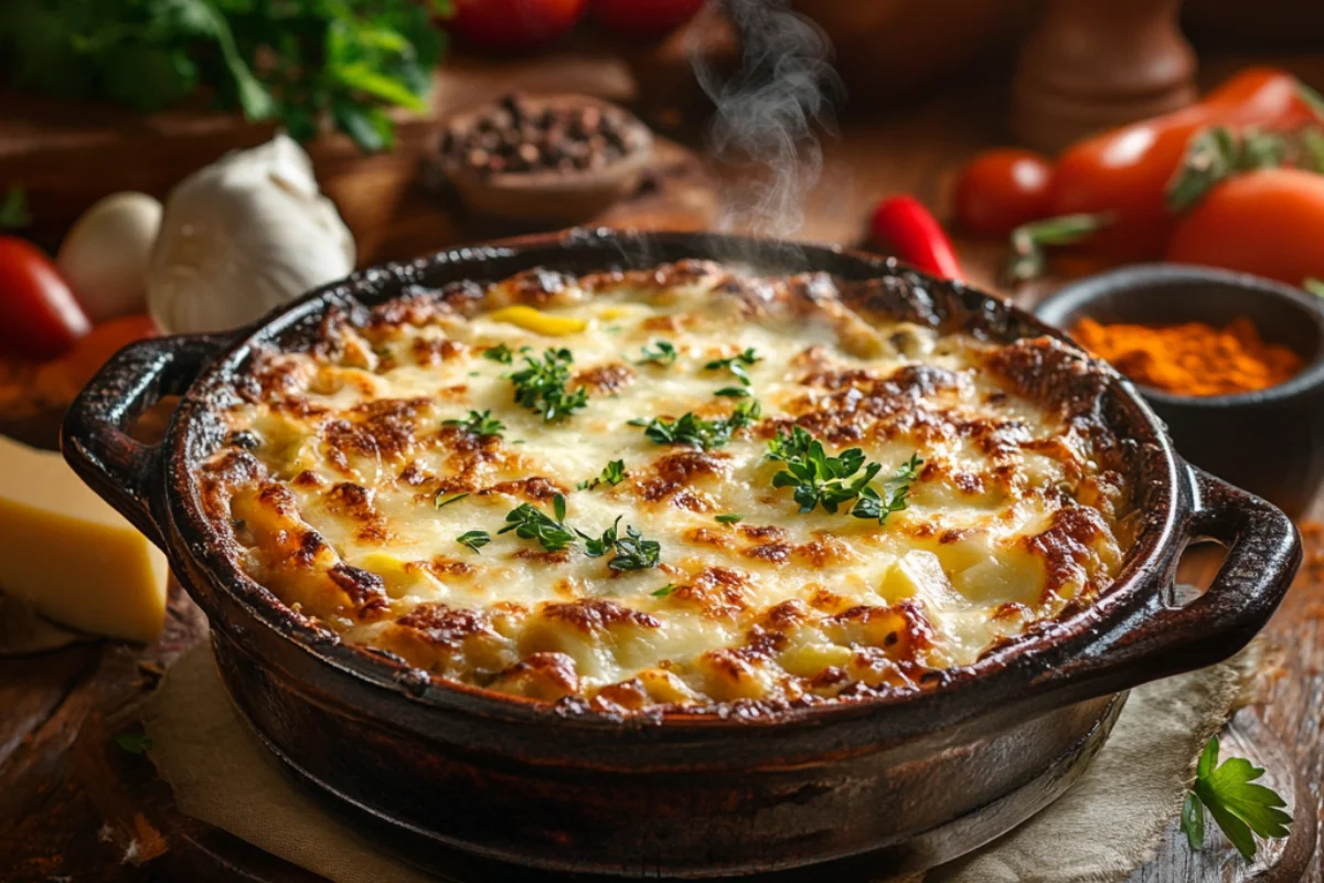 Freshly baked casserole in a rustic ceramic dish on a wooden table, topped with fresh herbs and surrounded by colorful vegetables, cheese, and spices, creating a warm and inviting scene.