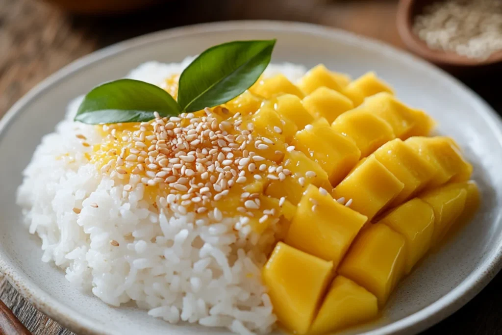 Mango sticky rice served on a white plate, featuring creamy coconut milk drizzled over sticky rice, fresh mango slices, and a sprinkle of toasted sesame seeds.