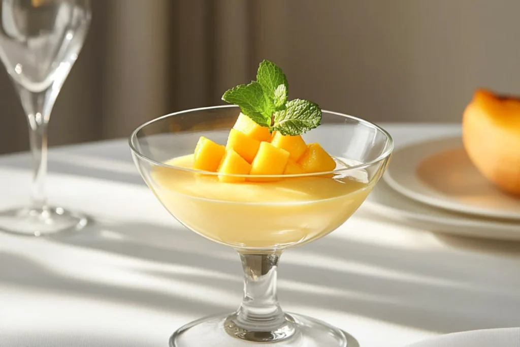 Creamy mango pudding served in a glass dish, topped with fresh mango cubes and a sprig of mint, placed on a beautifully set table with a light, elegant background.
