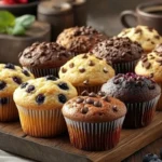 Freshly baked golden brown muffins on a wooden tray, featuring a variety of flavors like blueberry and chocolate chip, with domed tops and a cozy kitchen background including a cup of coffee and fresh berries.