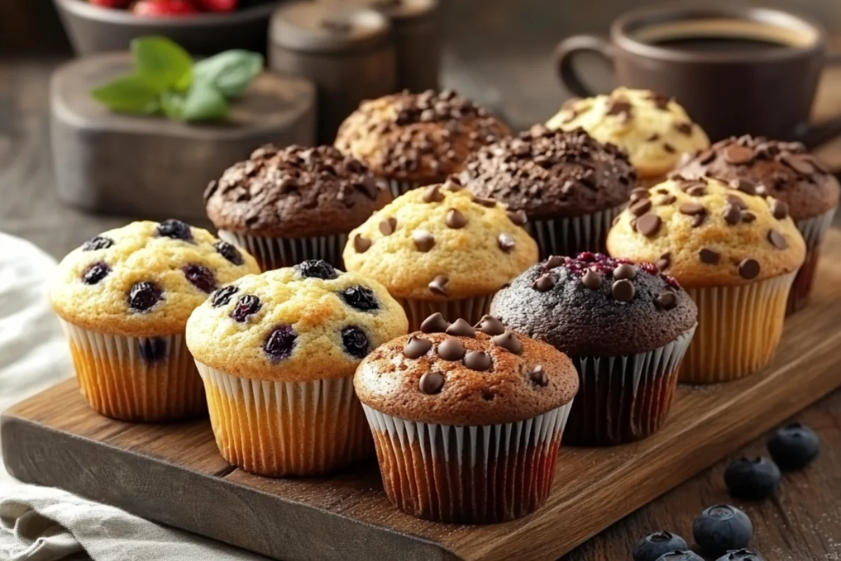 Freshly baked golden brown muffins on a wooden tray, featuring a variety of flavors like blueberry and chocolate chip, with domed tops and a cozy kitchen background including a cup of coffee and fresh berries.