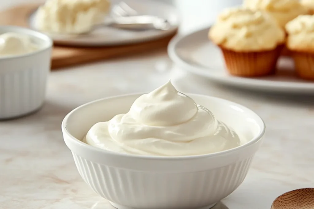 White bowls of smooth sour cream and creamy crème fraîche on a clean kitchen countertop, with a wooden spoon and blurred baking tools in the background, highlighting their role in keeping muffins moist and flavorful.