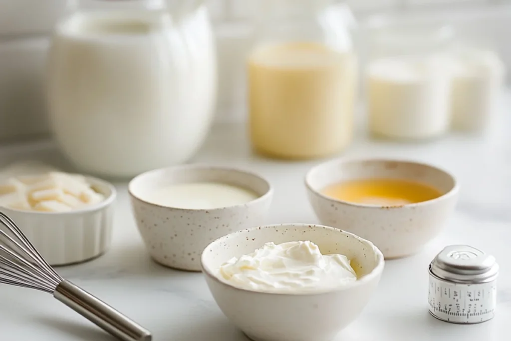 A clean baking workspace with bowls of oil, buttermilk, yogurt, and a milk alternative neatly arranged on a white countertop, accompanied by a whisk and measuring cups in the background, highlighting key ingredients for moist and flavorful baking.