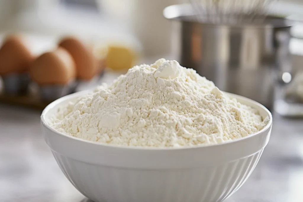 A white bowl of flour on a clean kitchen countertop with a whisk and measuring cups in the background, highlighting flour as the key ingredient for the structure and texture of muffins.