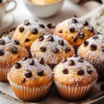 Close-up of golden brown muffins with fluffy, moist interiors displayed on a rustic wooden table, surrounded by baking tools and ingredients, highlighting the ideal texture and appearance of a perfect muffin.