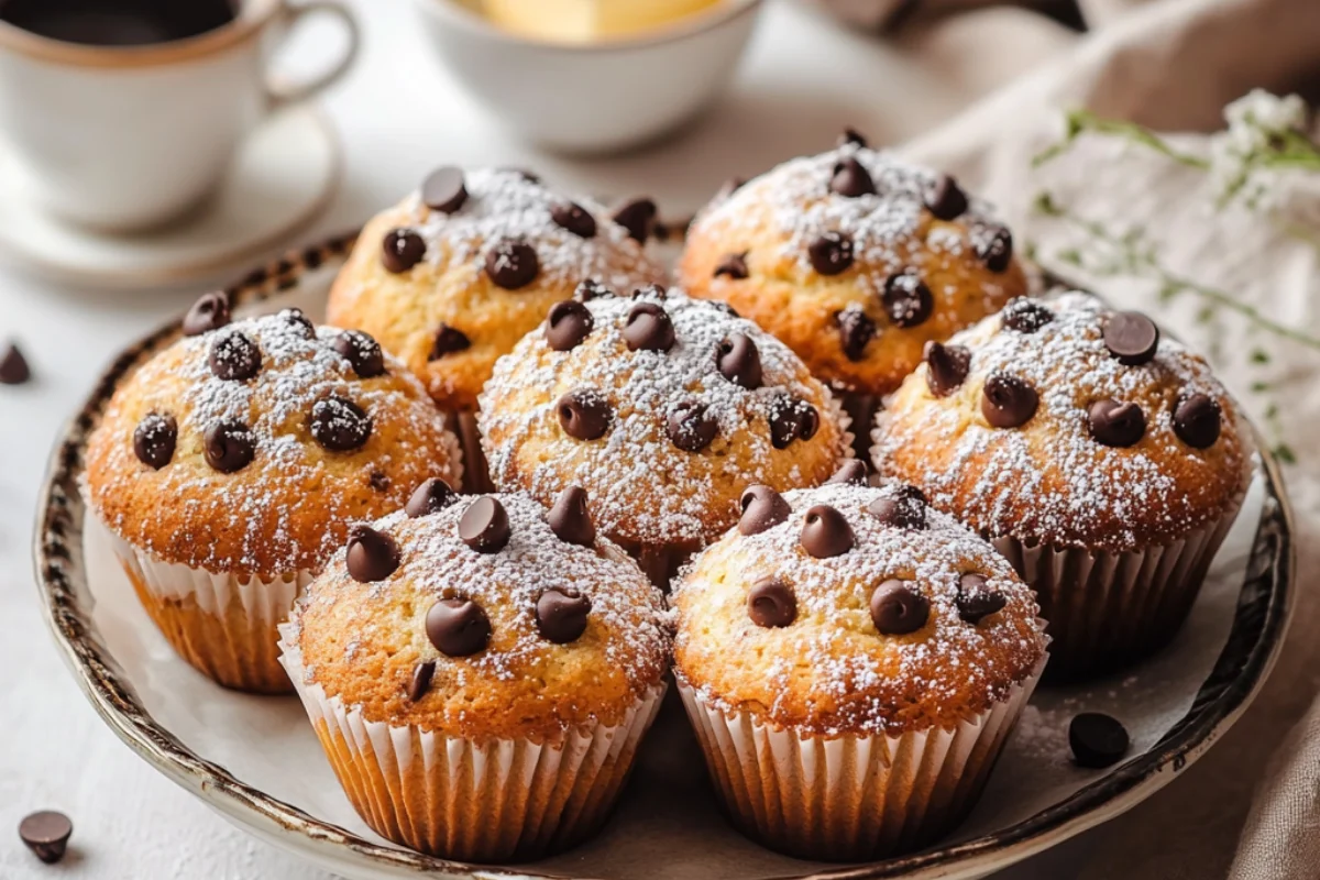 Close-up of golden brown muffins with fluffy, moist interiors displayed on a rustic wooden table, surrounded by baking tools and ingredients, highlighting the ideal texture and appearance of a perfect muffin.