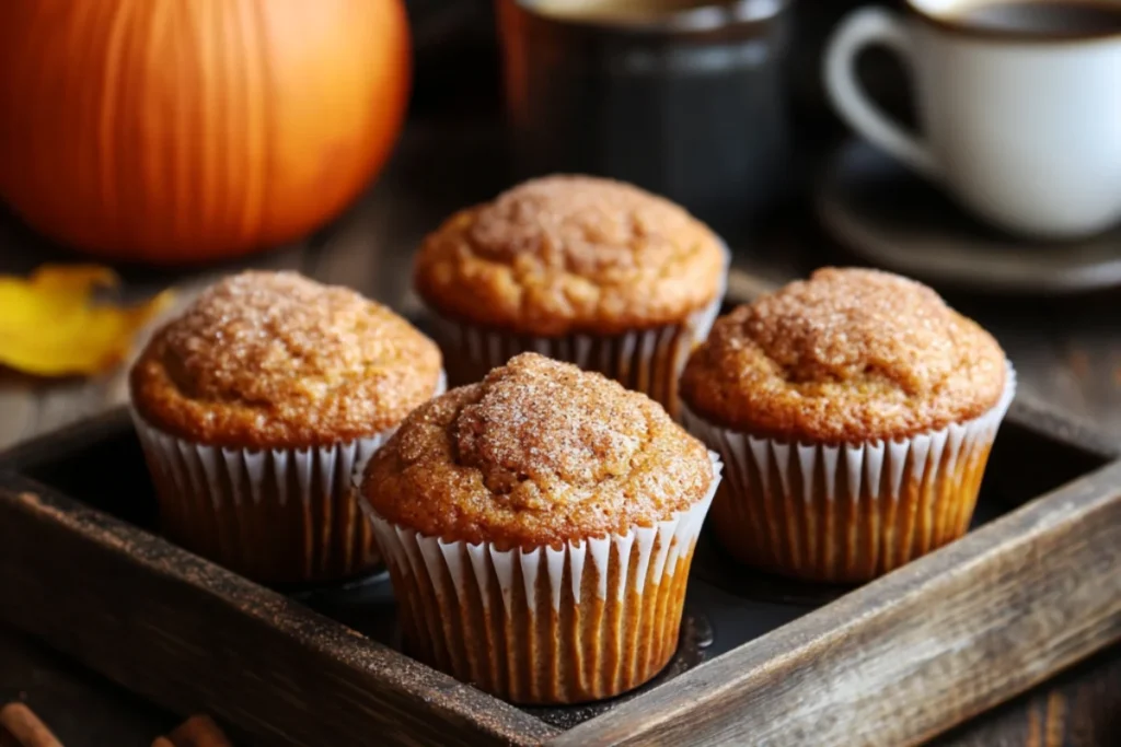 Golden brown pumpkin spice muffins on a rustic wooden tray, topped with a light dusting of cinnamon sugar, surrounded by cinnamon sticks, a small pumpkin, and a cup of coffee, creating a warm autumn atmosphere.