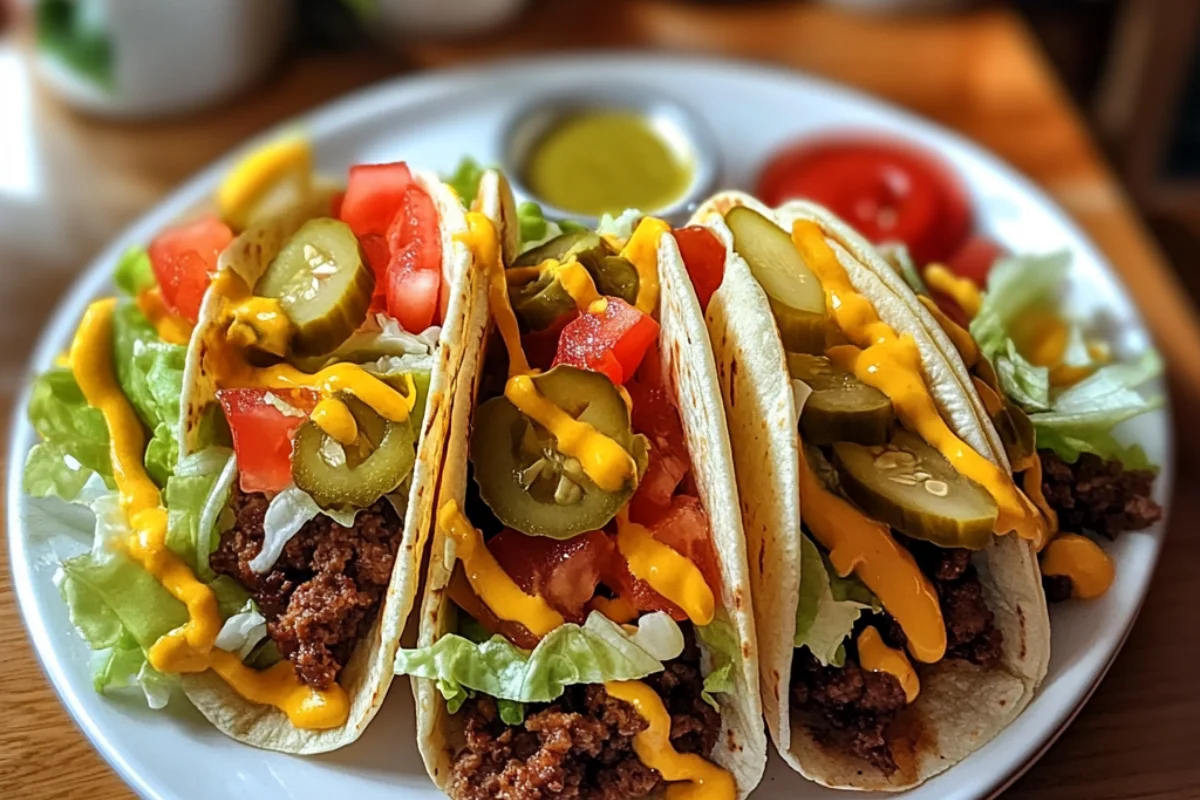 Alt Text: "Smash burger tacos with crispy tortillas, melted cheese, and fresh toppings served on a wooden board."