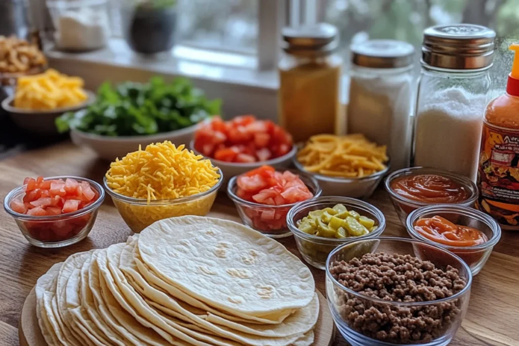 Ingredients for Smash Burger Tacos: ground beef in a bowl, tortillas on a plate, salt, pepper, cheese slices, and bowls of lettuce, tomatoes, pickles, onions, ketchup, mustard, and sauce.