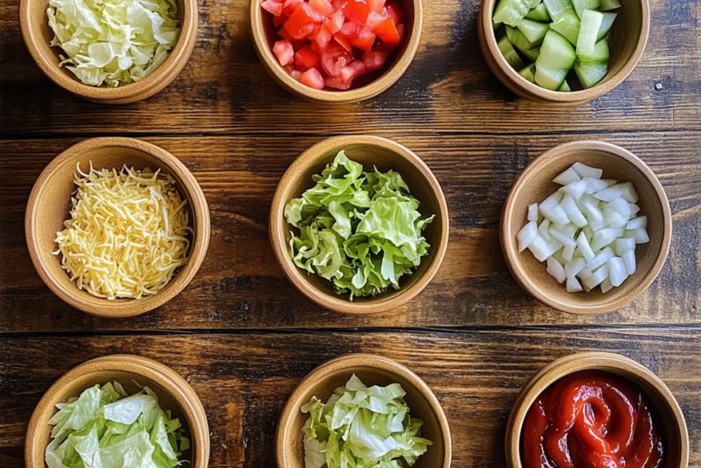 Small bowls arranged on a wooden table, each containing a separate ingredient: shredded lettuce, diced tomatoes, sliced onions, ketchup, mustard, and burger sauce. Clean and organized workspace with natural lighting for a cozy, homemade feel.