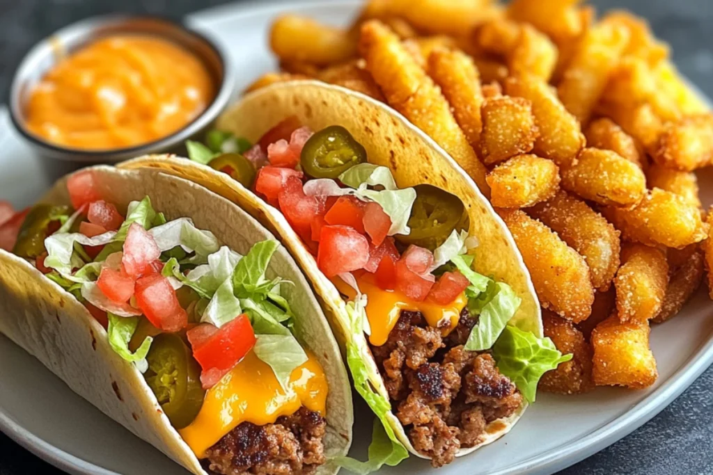 A plate of Smash Burger Tacos served with crispy French fries or tater tots. The tacos are filled with smashed beef patties, melted cheese, lettuce, tomatoes, pickles, and sauce, creating a hearty, homemade meal.