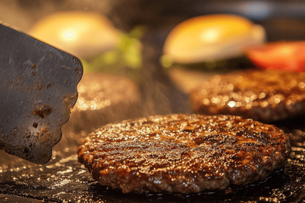 Thin burger patties sizzling on a hot griddle, pressed with a spatula to create crispy, caramelized edges, with a blurred background of fresh buns and condiments.